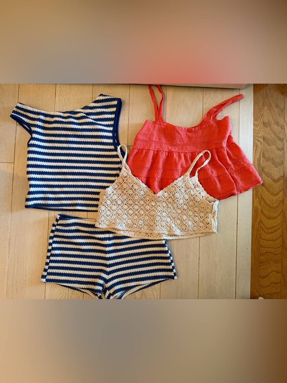 Striped Knit Tank & Shorts Set with Coral Ruffle Tank and Cream Crochet Top